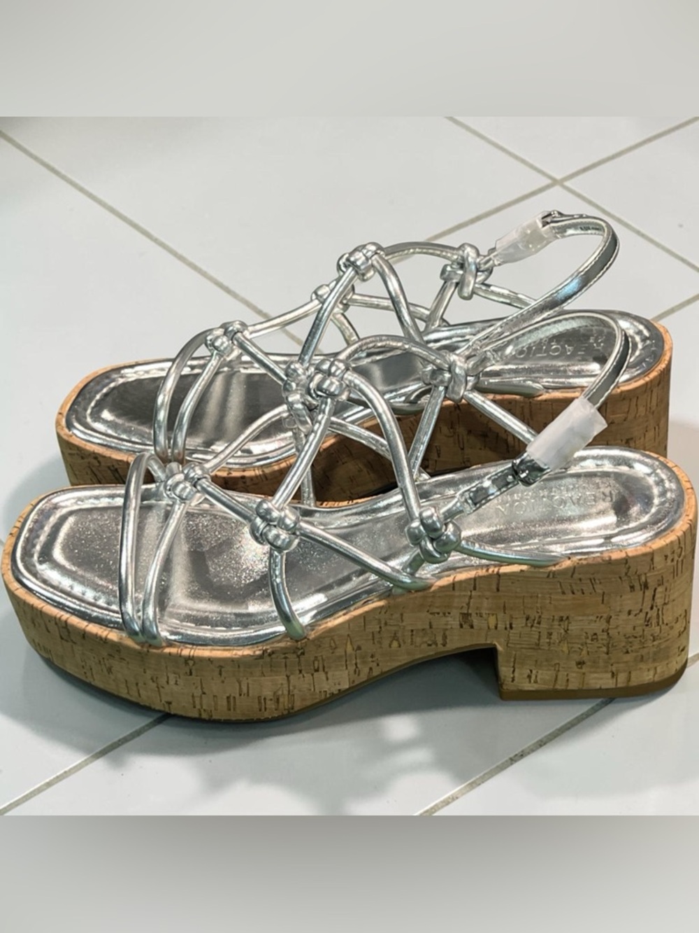Reaction Kenneth Cole Essa Silver Metallic Strappy Cork Platform Sandals
